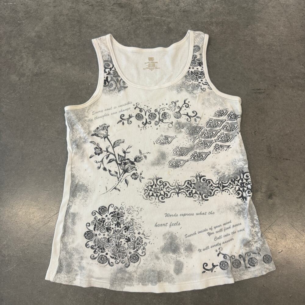 Vintage Y2K White Grey Mcbling Rhinestone Biker Grunge Ribbed Tank Top XXL